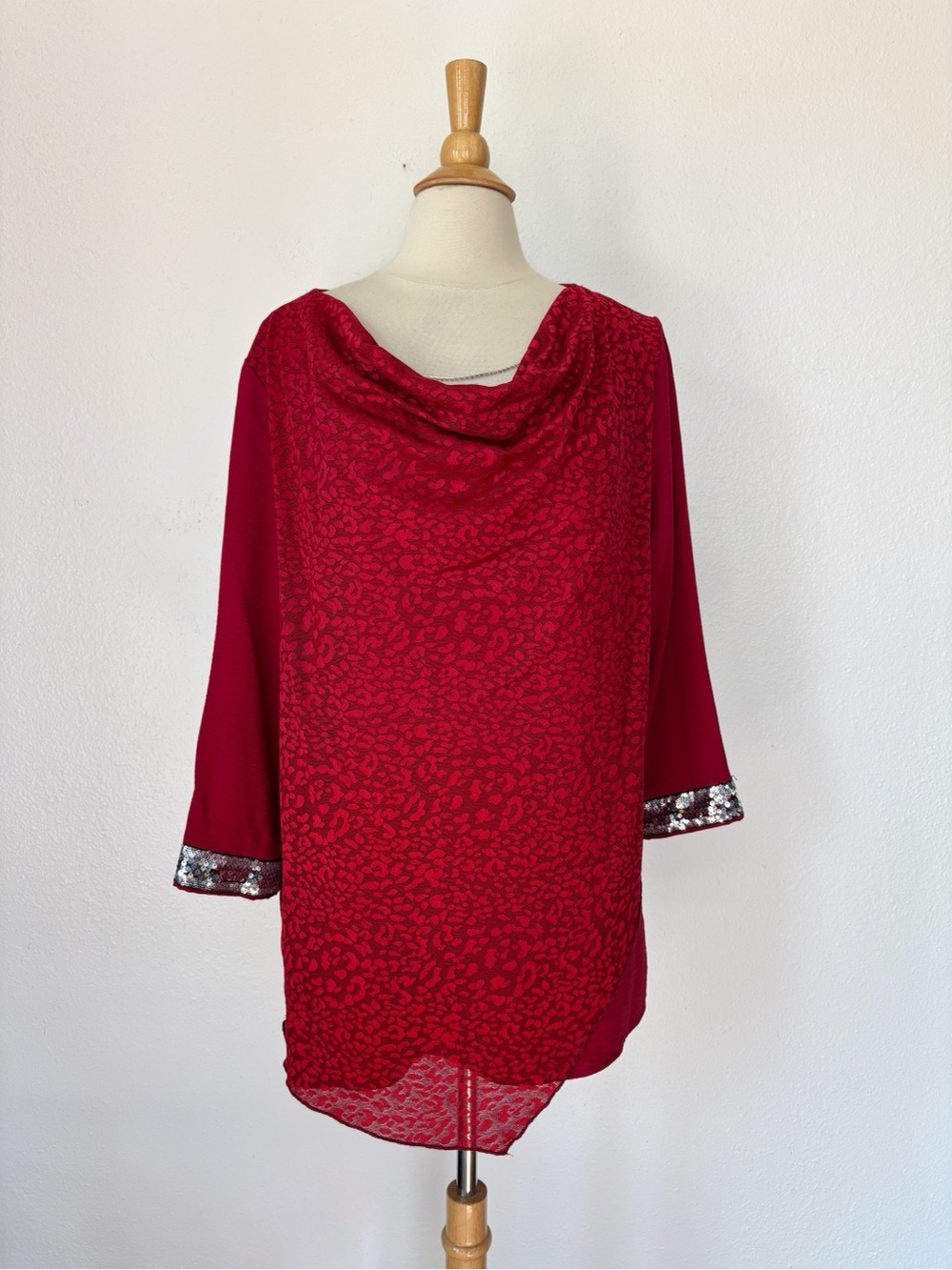 Red Cowl Neck Animal Print Sequin Rhinestone Blouse